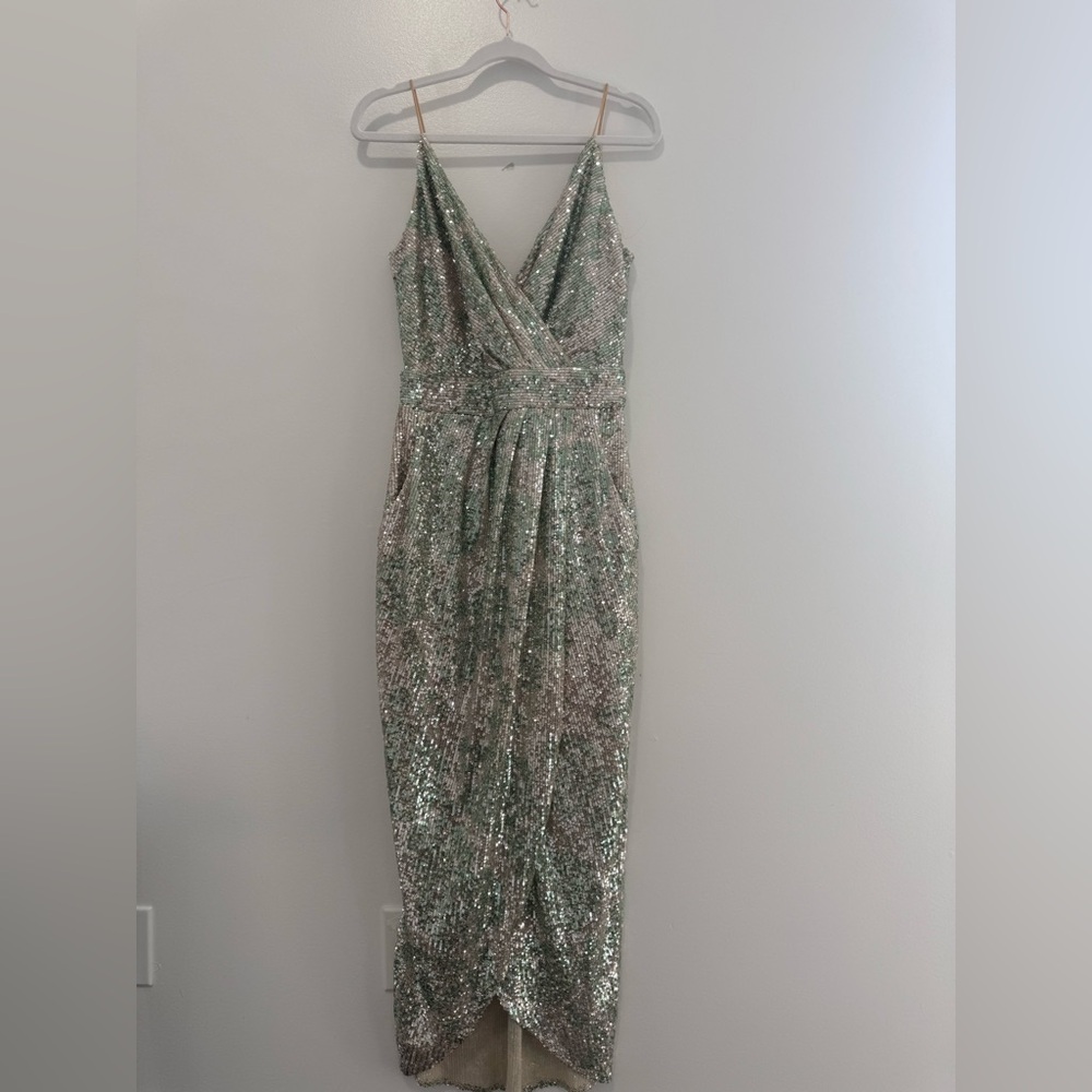 Explosion Sage Green Sequin Midi Dress Size 38: Champagne Shimmer Cocktail Party